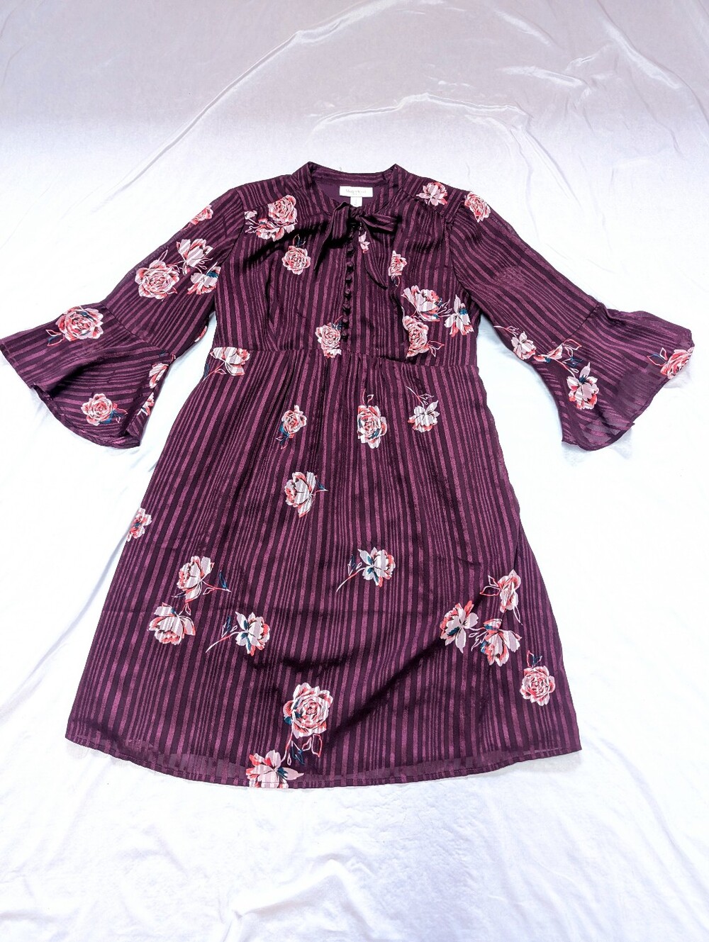 Motherhood Maternity Floral Purple Stripe Bell Sleeve Midi Dress Summer Nursing